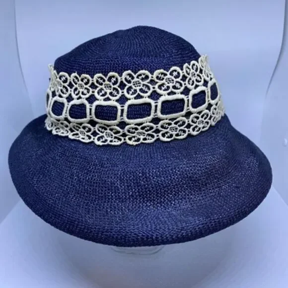 Vintage Union Made Blue & White Floral Lace Hat - Picture 2 of 9